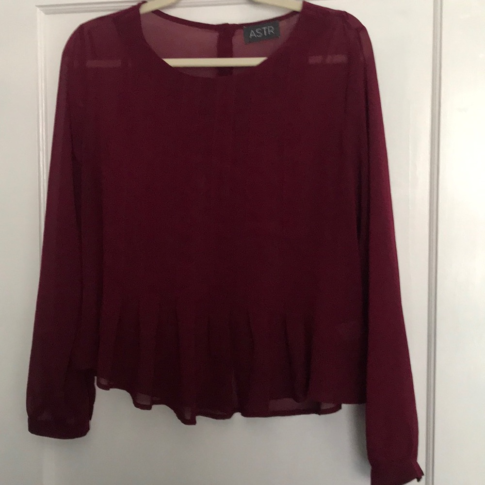 Super cute cranberry sheer top with back buttons.